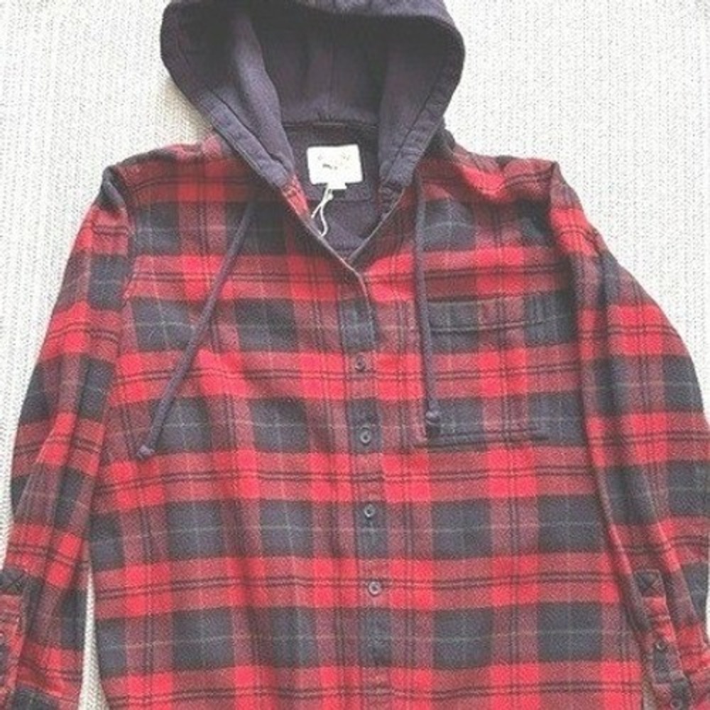 AE American Eagle‎ Women's Medium Plaid Flannel Hoodie Red Black Buffalo Check